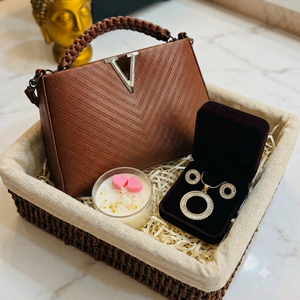 Luxe Gift Hamper with bag, jewellery and candle in wicker basket