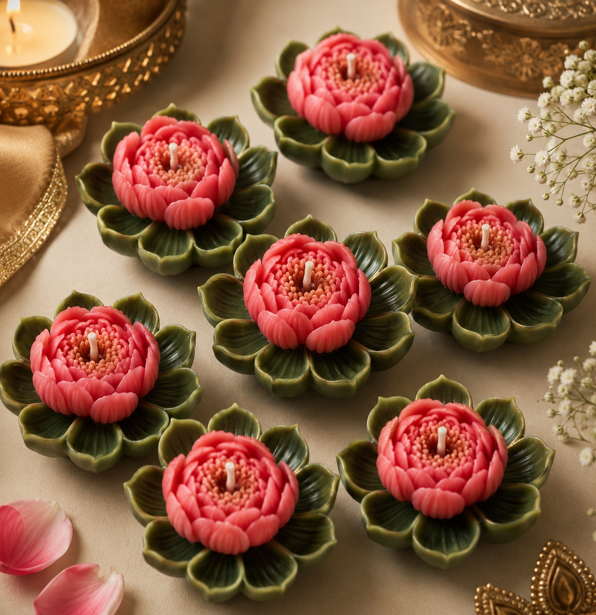 Blooming lotus candle with pink flower and green wax petals