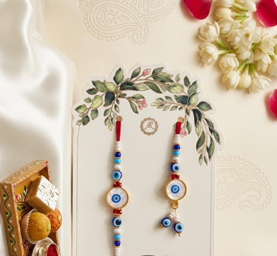Nazar Ki Dor - Bhaiya Bhabhi matching white enamel evil eye Rakhi set