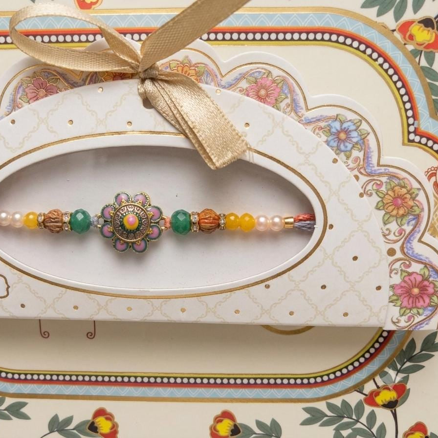 Rang Bahar Rakhi - Colourful floral Rakhi with antique gold centrepiece and vibrant beads