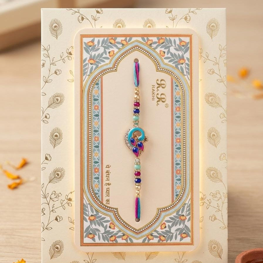 Mayur Rakhi - Peacock motif Rakhi with gemstones and crystals