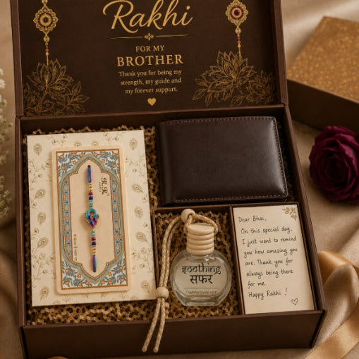 Rakhi gift hamper for brother with rakhi, leather wallet, car perfume and greeting card