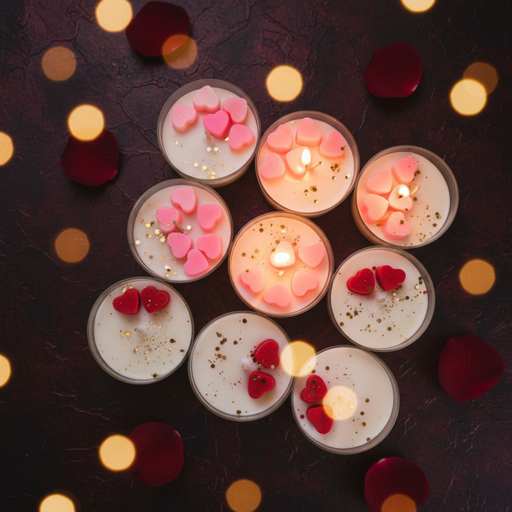Jumbo heart tealight candles with pink and red heart embeds and gold glitter on a dark luxury background